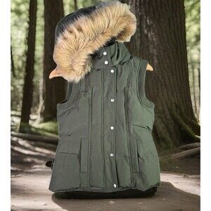 G.H. Bass Womens Puffer Vest S Green Down Feather Faux Detachable Fur Hood Warm